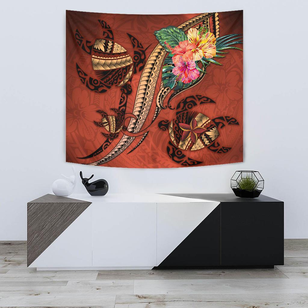 Polynesian Turtle Tapestry - Tribal Tattoo with Hibiscus Coral - Vibe Hoodie Shop