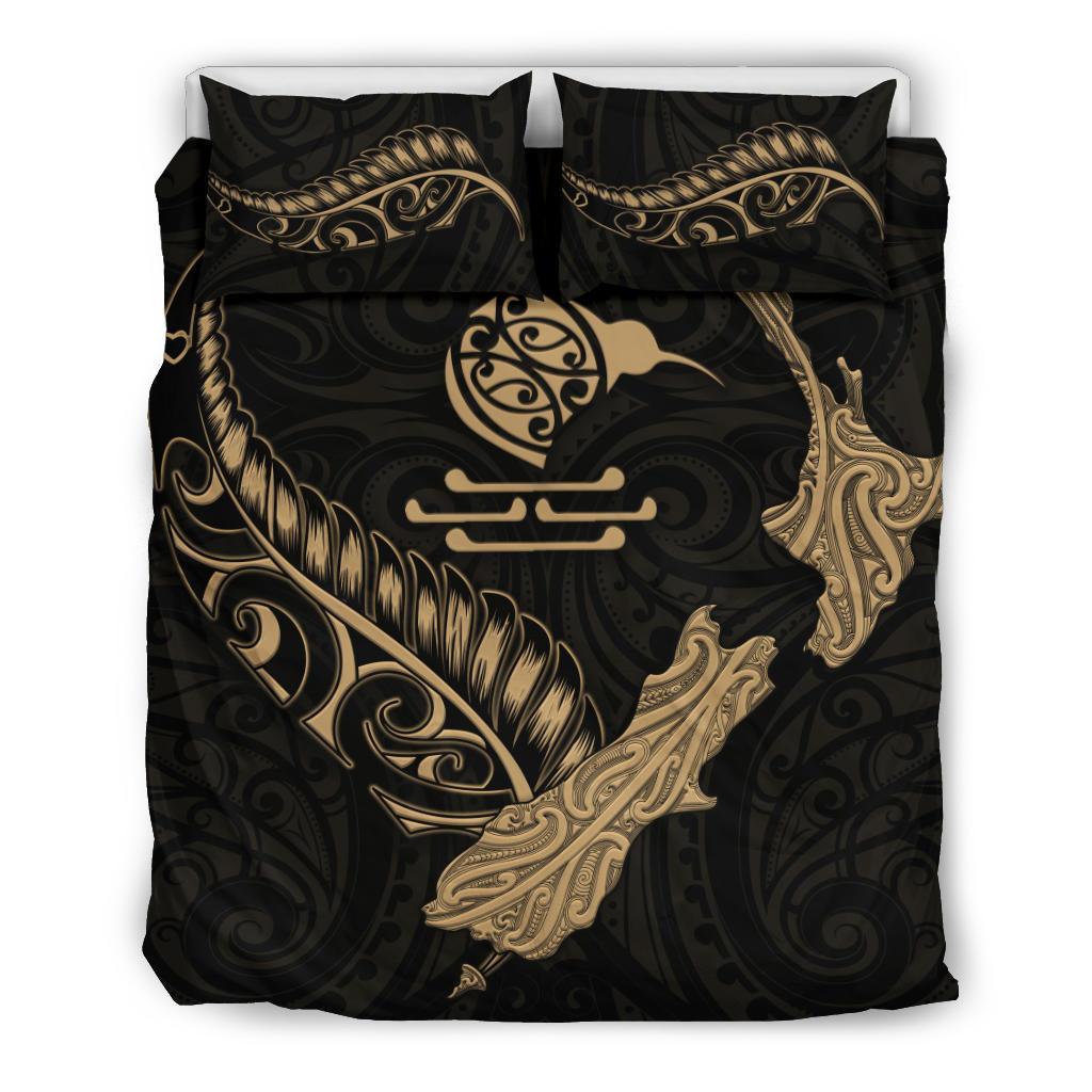 New Zealand Heart Bedding Set - Map Kiwi Mix Silver Fern Gold - Vibe Hoodie Shop