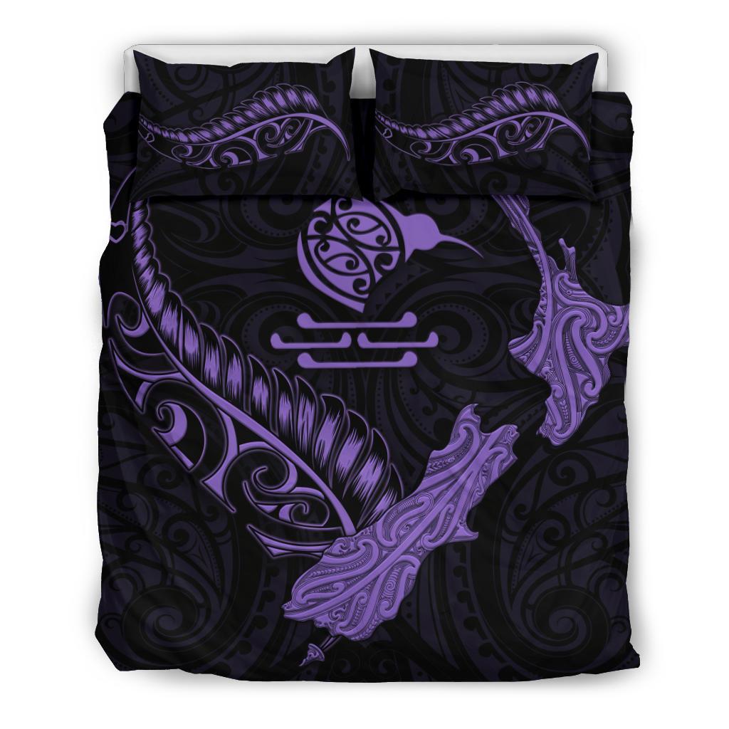 New Zealand Heart Bedding Set - Map Kiwi Mix Silver Fern Pastel Purple - Vibe Hoodie Shop