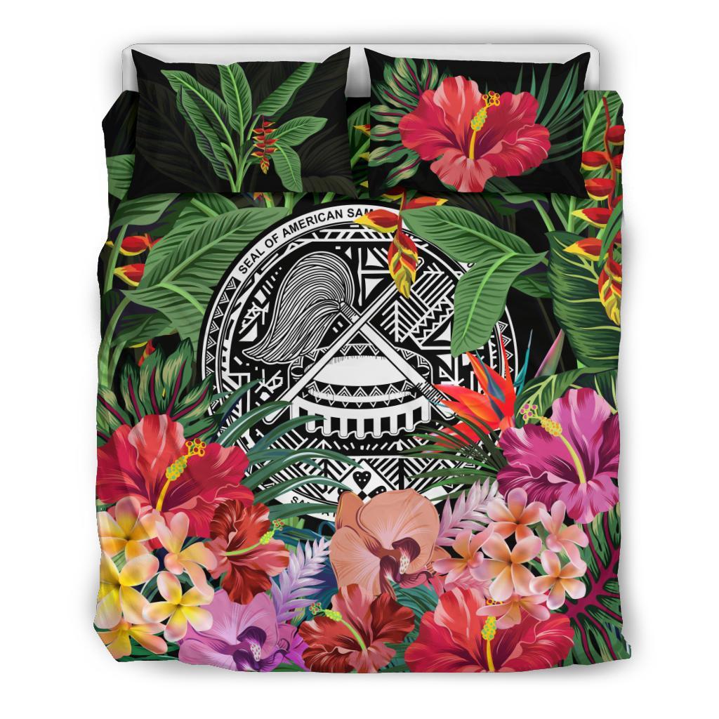 American Samoa Bedding Set - Coat Of Arms Tropical Flowers And Banana Leaves - Vibe Hoodie Shop