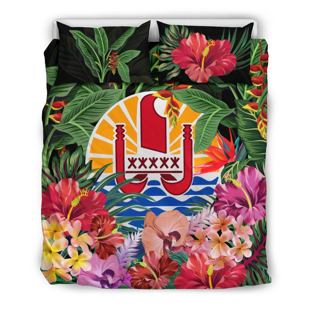 Tahiti Bedding Set - Coat Of Arms Tropical Flowers And Banana Leaves - Vibe Hoodie Shop