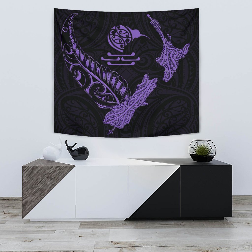 New Zealand Heart Tapestry - Map Kiwi mix Silver Fern Pastel Purple - Vibe Hoodie Shop