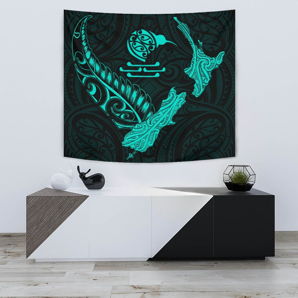 New Zealand Heart Tapestry - Map Kiwi mix Silver Fern Turquoise - Vibe Hoodie Shop