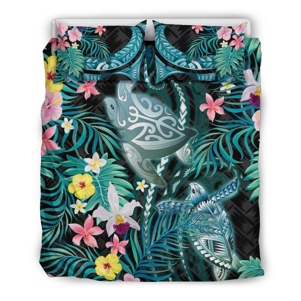 Turtles Love Bedding Set Hibiscus With Palm Leaves - Vibe Hoodie Shop