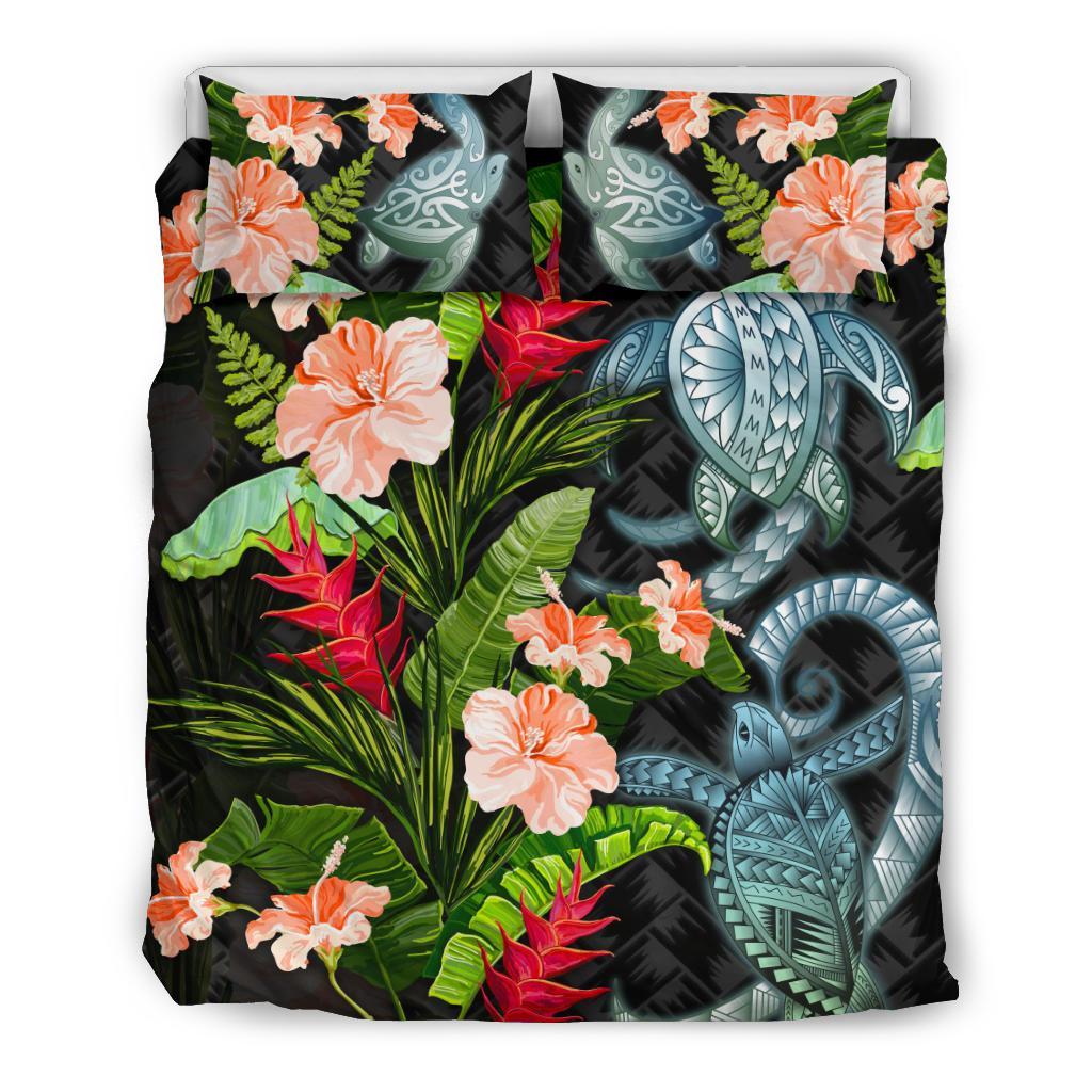 Turtle Bedding Set Palm Leaves Mix Hibiscus - Vibe Hoodie Shop