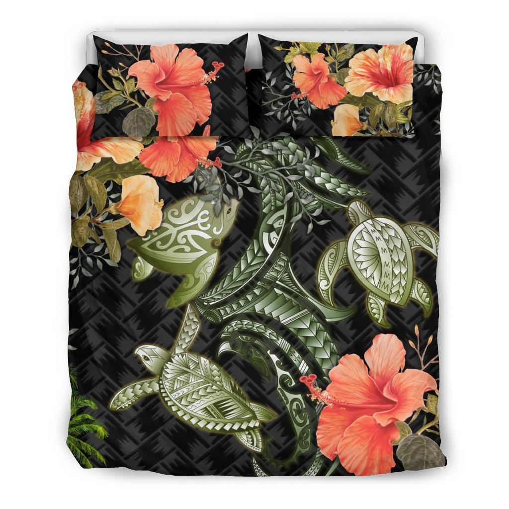 Three Turtle Bedding Set Polynesian Hibiscus Duvet Cover And Pillow Case - Vibe Hoodie Shop