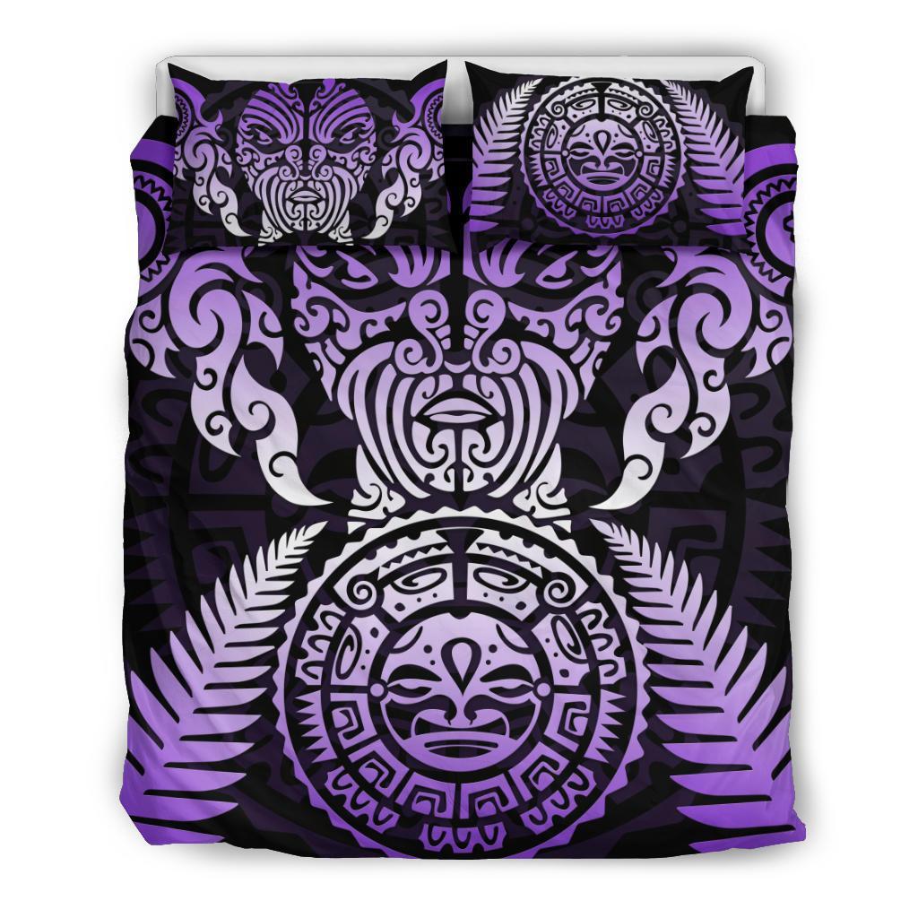 Maori Face Fern New Zealand Bedding Set Purple - Vibe Hoodie Shop