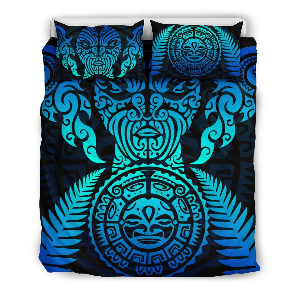 Maori Face Fern New Zealand Bedding Set Blue - Vibe Hoodie Shop