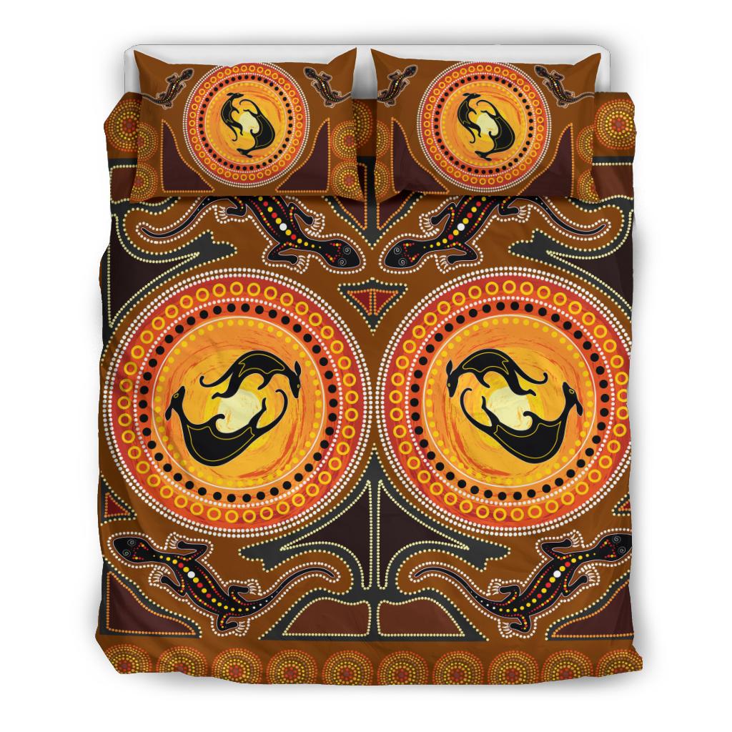 Aboriginal Bedding Set Kangaroo and Lizard with Dots Pattern - Vibe Hoodie Shop