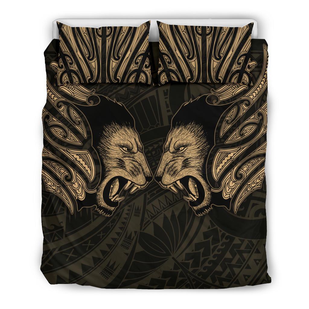 Double Lion Maori Tattoo Bedding Set New Zealand - Gold - Vibe Hoodie Shop