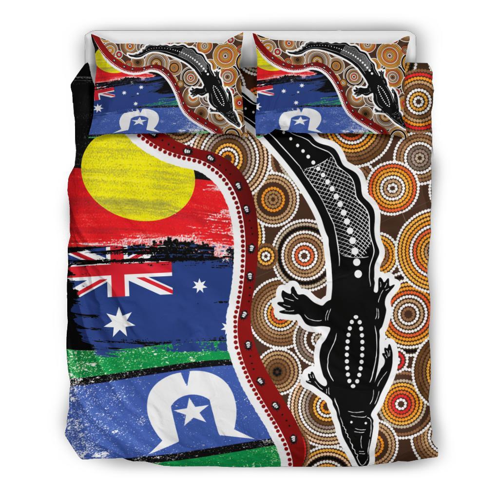 Aboriginal Bedding Set - Indigenous Crocodile With NAIDOC Week 2022 Flags - Vibe Hoodie Shop