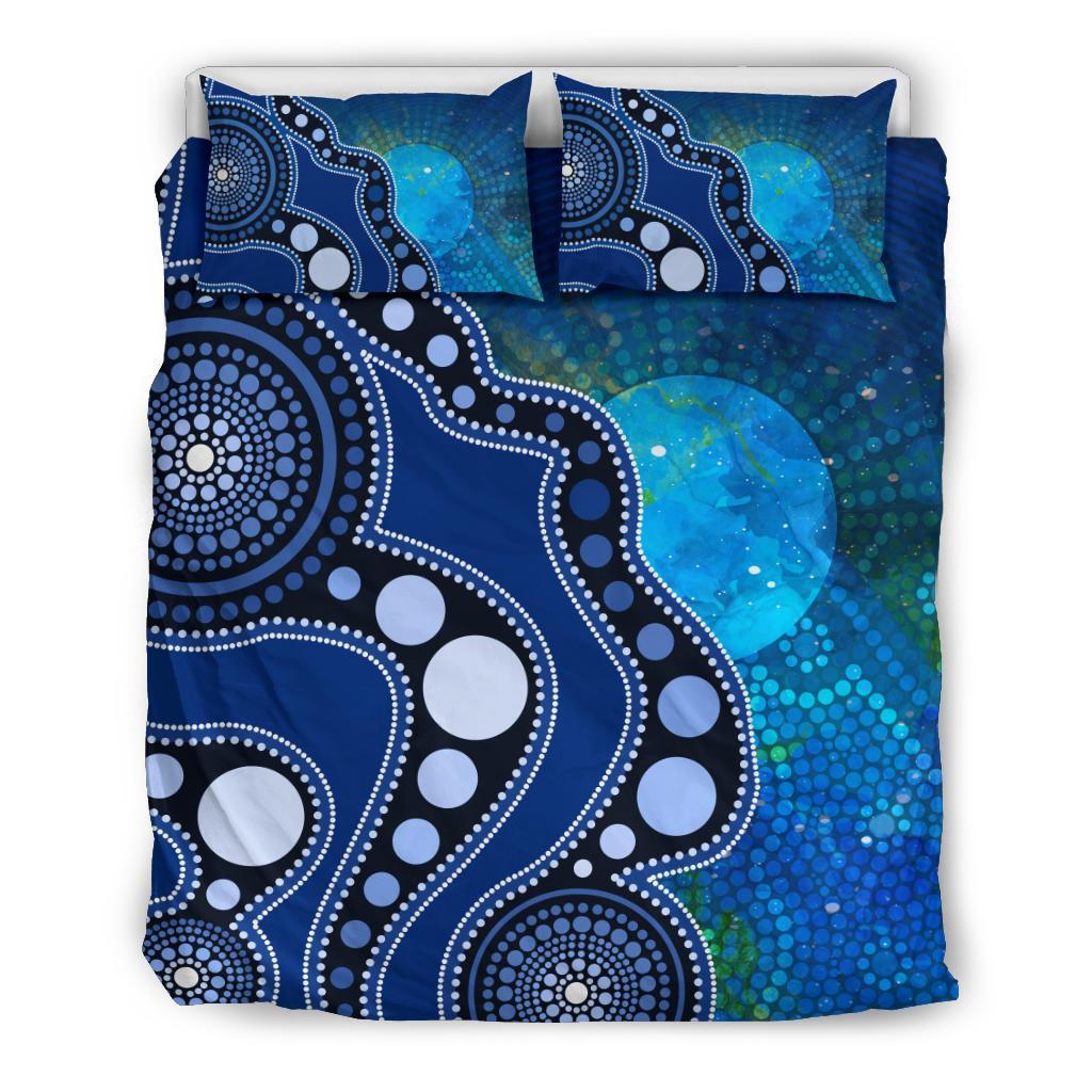 Aboriginal Bedding Set - Australia Indigenous Flag Circle Dot Painting Art (Blue) - Vibe Hoodie Shop