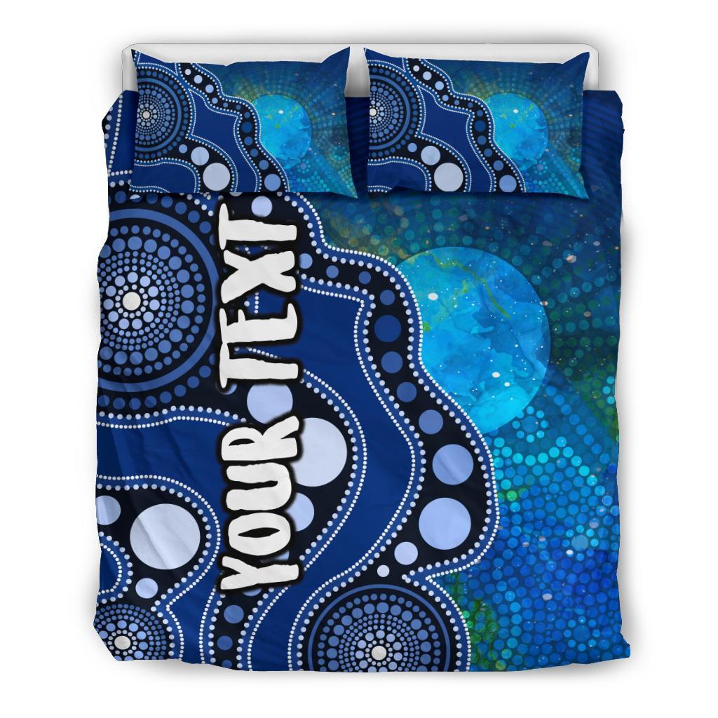 Custom Text Aboriginal Bedding Set - Australia Indigenous Flag Circle Dot Painting Art (Blue) - Vibe Hoodie Shop