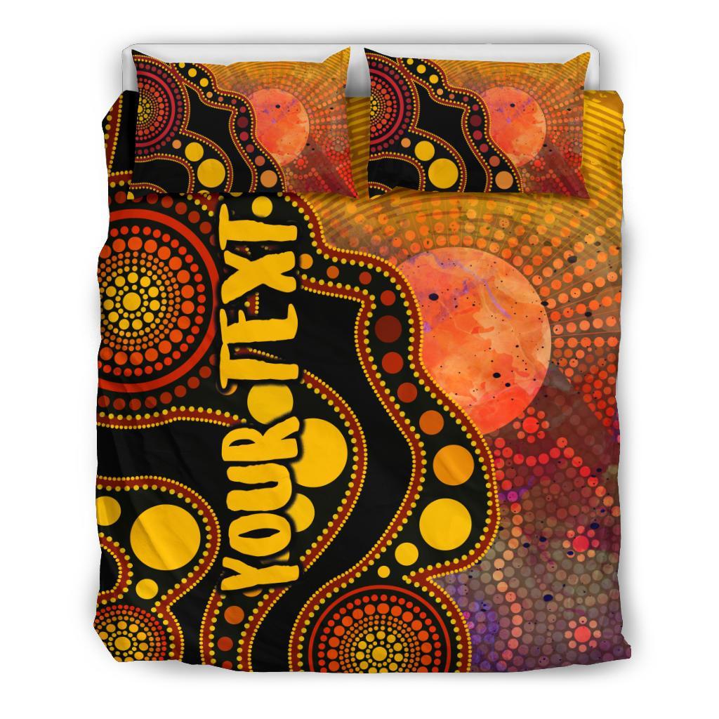 Custom Text Aboriginal Bedding Set - Australia Indigenous Flag Circle Dot Painting Art (Golden) - Vibe Hoodie Shop