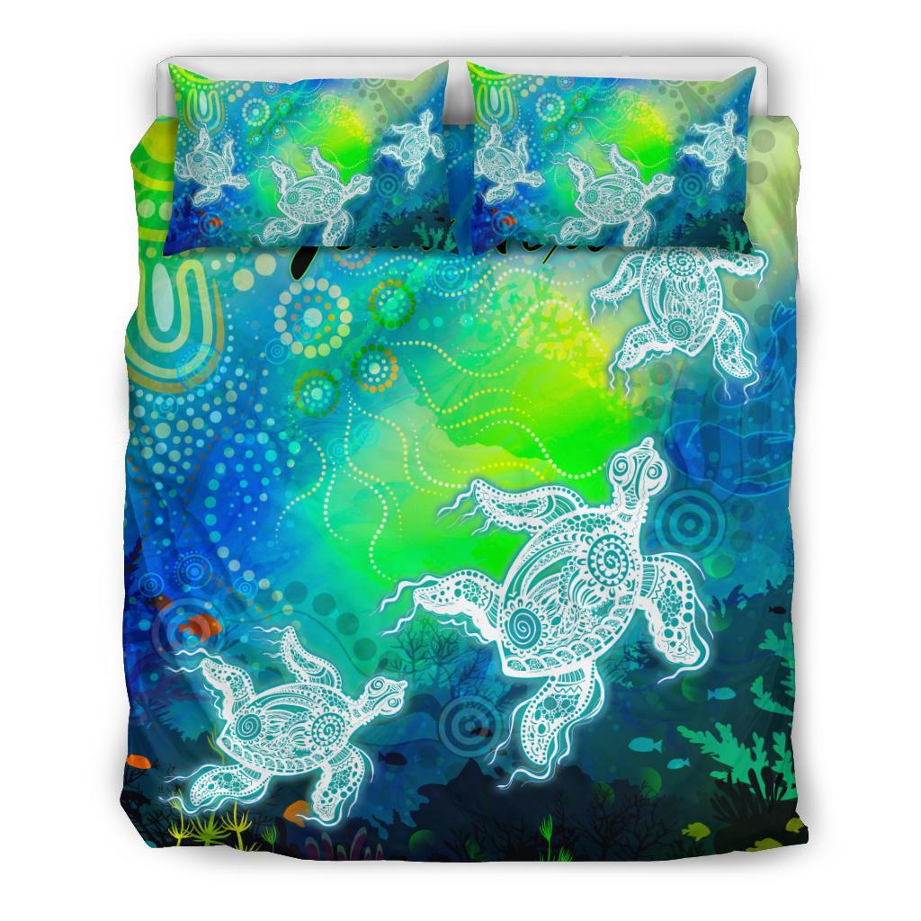 Custom Text Aboriginal Bedding Set - Indigenous Turtle Ocean Dot Painting Art - Vibe Hoodie Shop