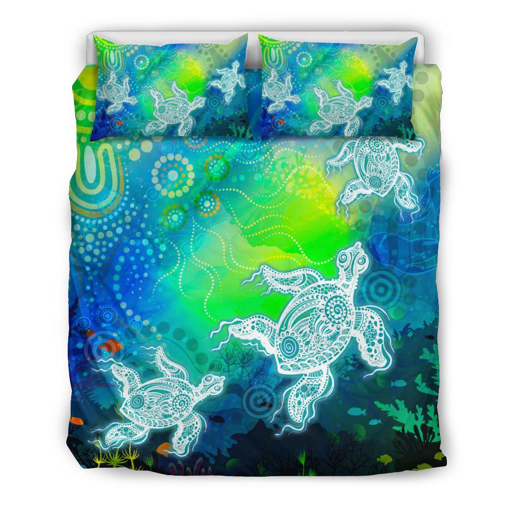 Aboriginal Bedding Set - Indigenous Turtle Ocean Dot Painting Art - Vibe Hoodie Shop