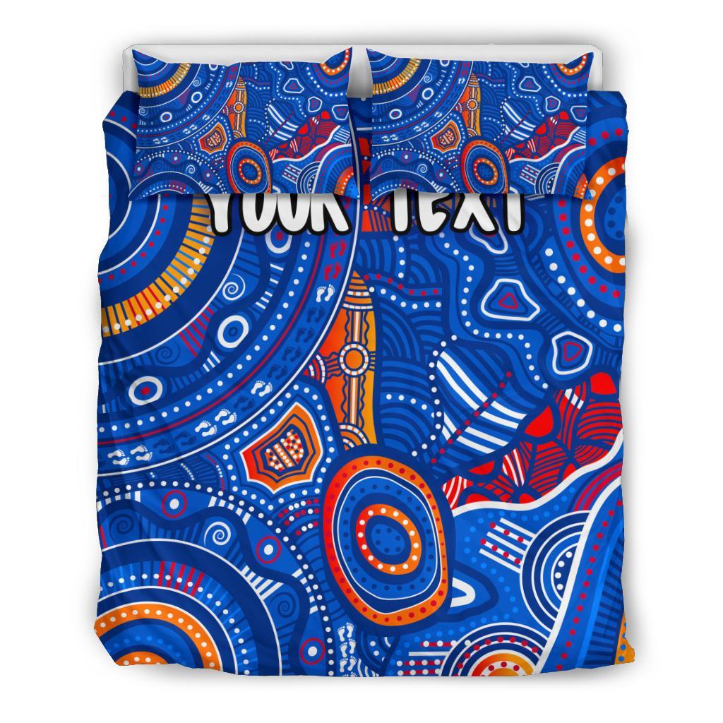 Custom Text Aboriginal Bedding Set - Indigenous Footprint Patterns Blue Color - Vibe Hoodie Shop