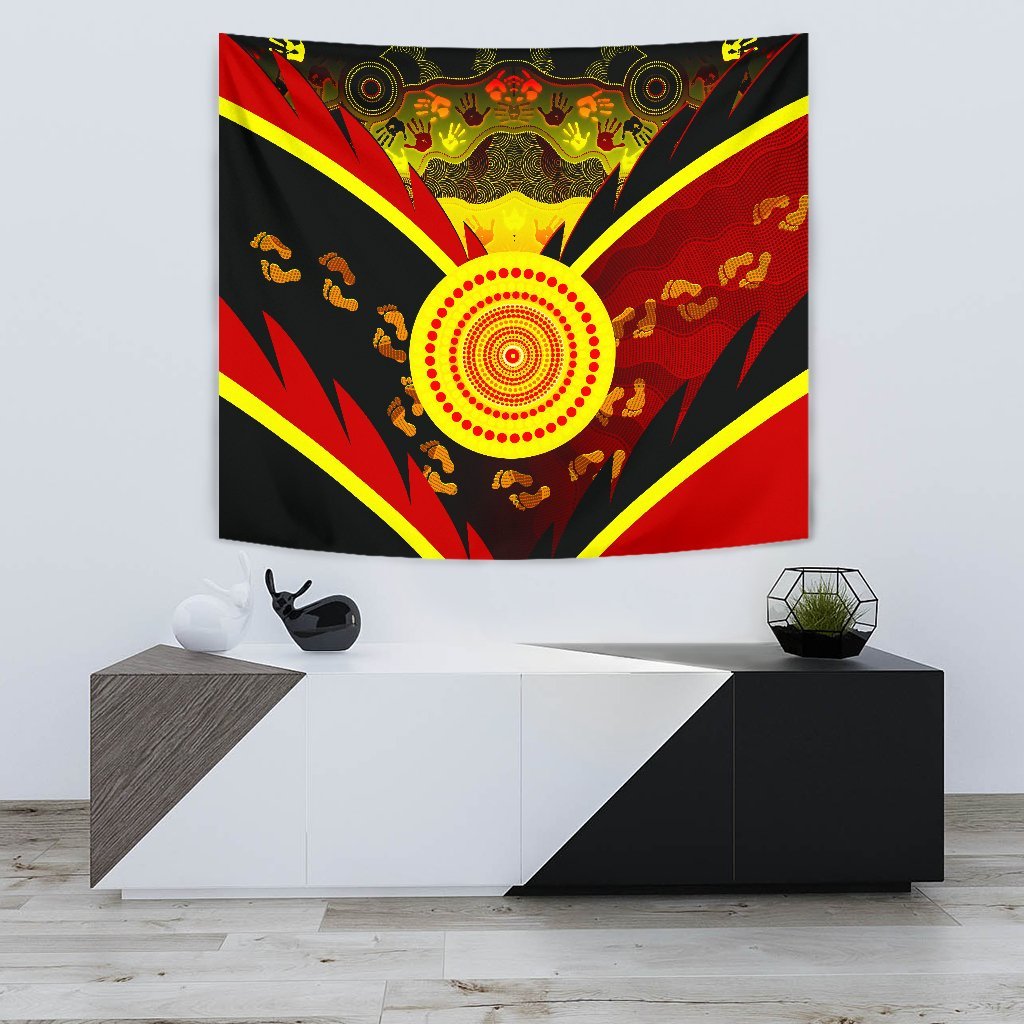 Aboriginal Tapestry - Indigenous Flag With Footprint Hand Art - Vibe Hoodie Shop