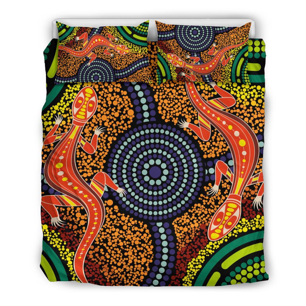 1st Australia Bedding Set - Aboriginal Two Lizards Dot Painting Circle - Vibe Hoodie Shop