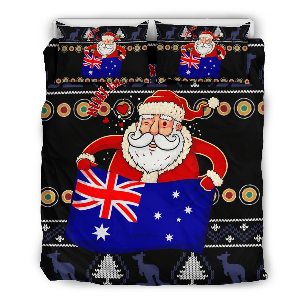 Christmas Personalised Bedding Set - Australia Santa Claus Hold The Flag (Black) - Vibe Hoodie Shop