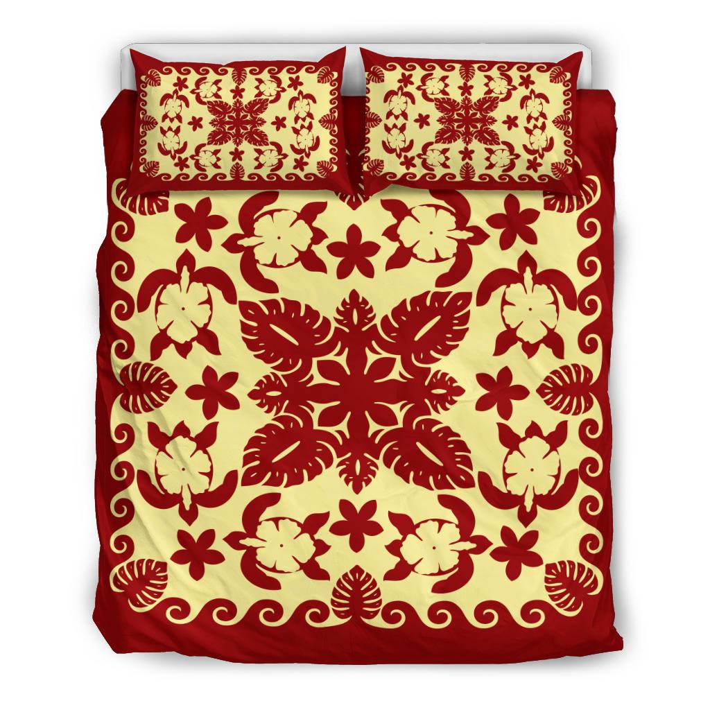 Turtle with Hibiscus Royal Red Bedding Set Palm Leaf - Vibe Hoodie Shop