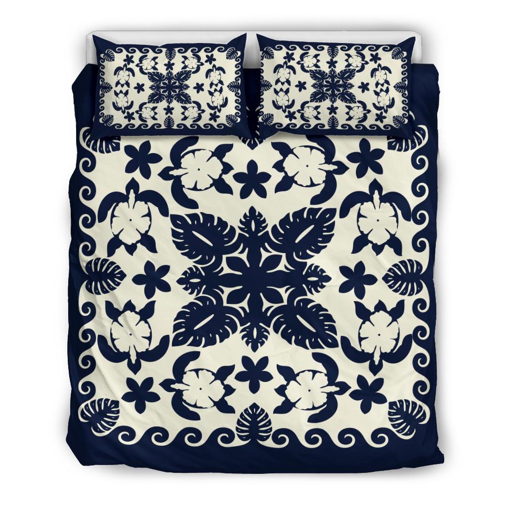 Turtle with Hibiscus Royal Navy Bedding Set Palm Leaf - Vibe Hoodie Shop
