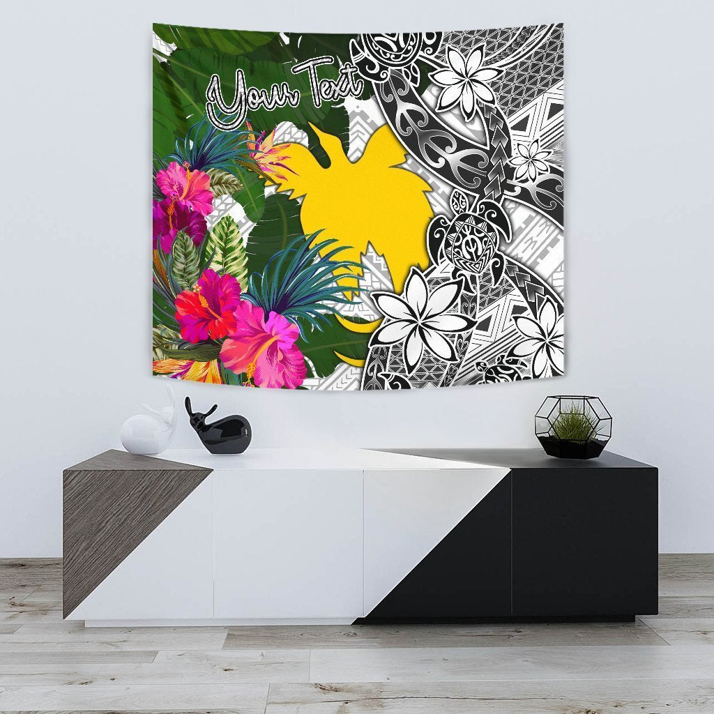 Papua New Guinea Custom Personalised Tapestry White - Turtle Plumeria Banana Leaf - Vibe Hoodie Shop