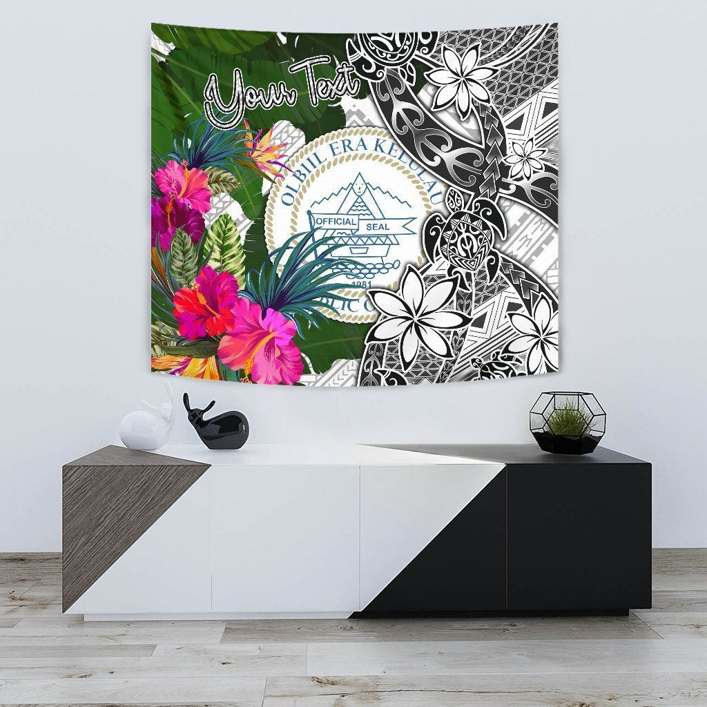 Palau Custom Personalised Tapestry White - Turtle Plumeria Banana Leaf Crest - Vibe Hoodie Shop