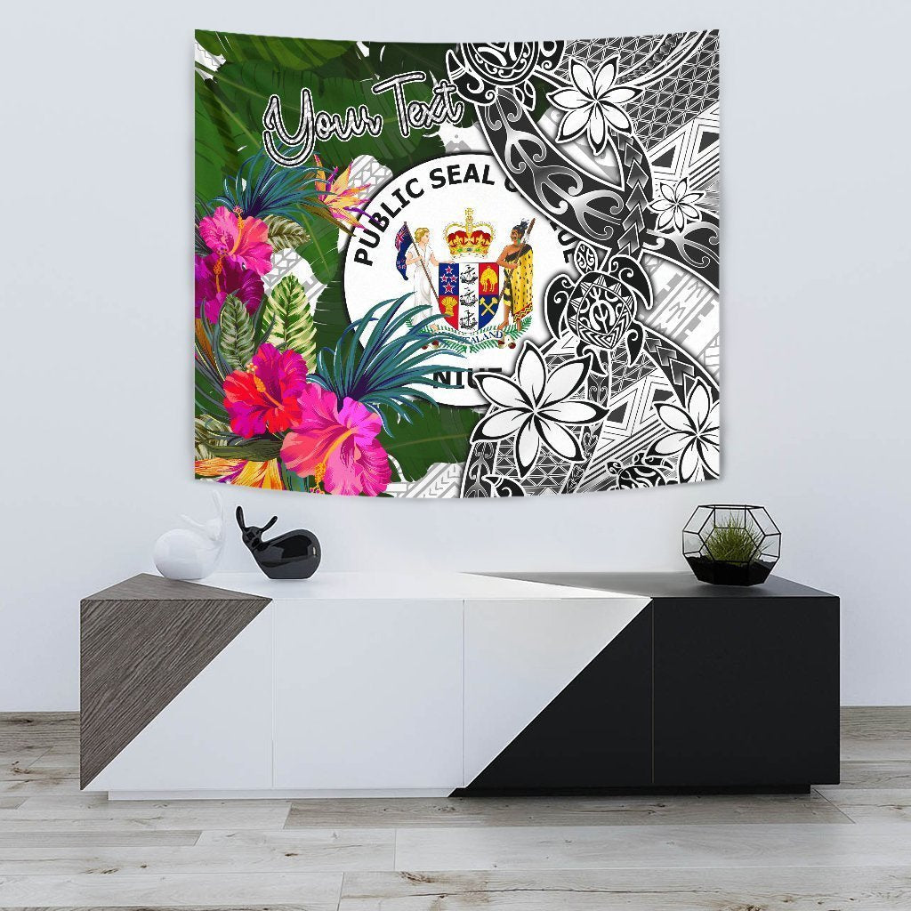 Niue Custom Personalised Tapestry White - Turtle Plumeria Banana Leaf - Vibe Hoodie Shop