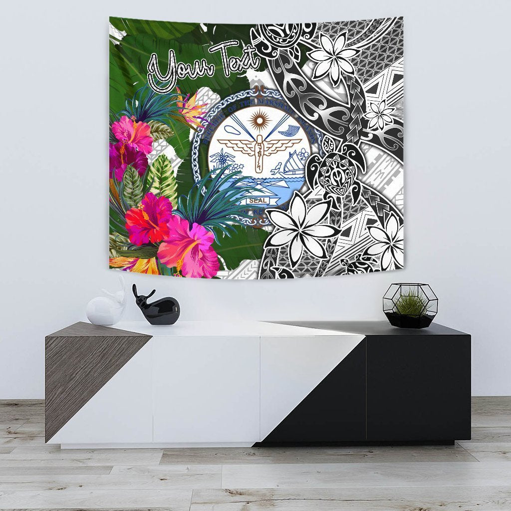 Marshall Islands Custom Personalised Tapestry White - Turtle Plumeria Banana Leaf Crest - Vibe Hoodie Shop