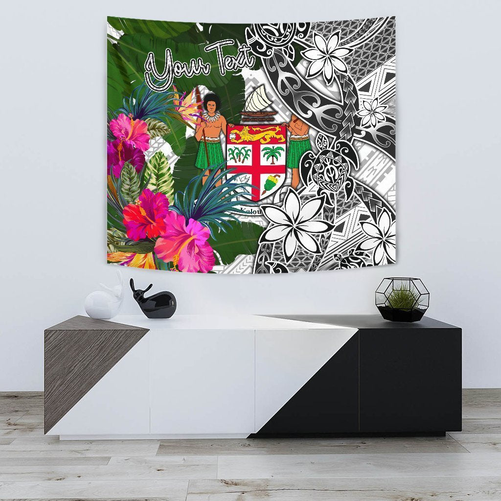 Fiji Custom Personalised Tapestry White - Turtle Plumeria Banana Leaf Crest - Vibe Hoodie Shop