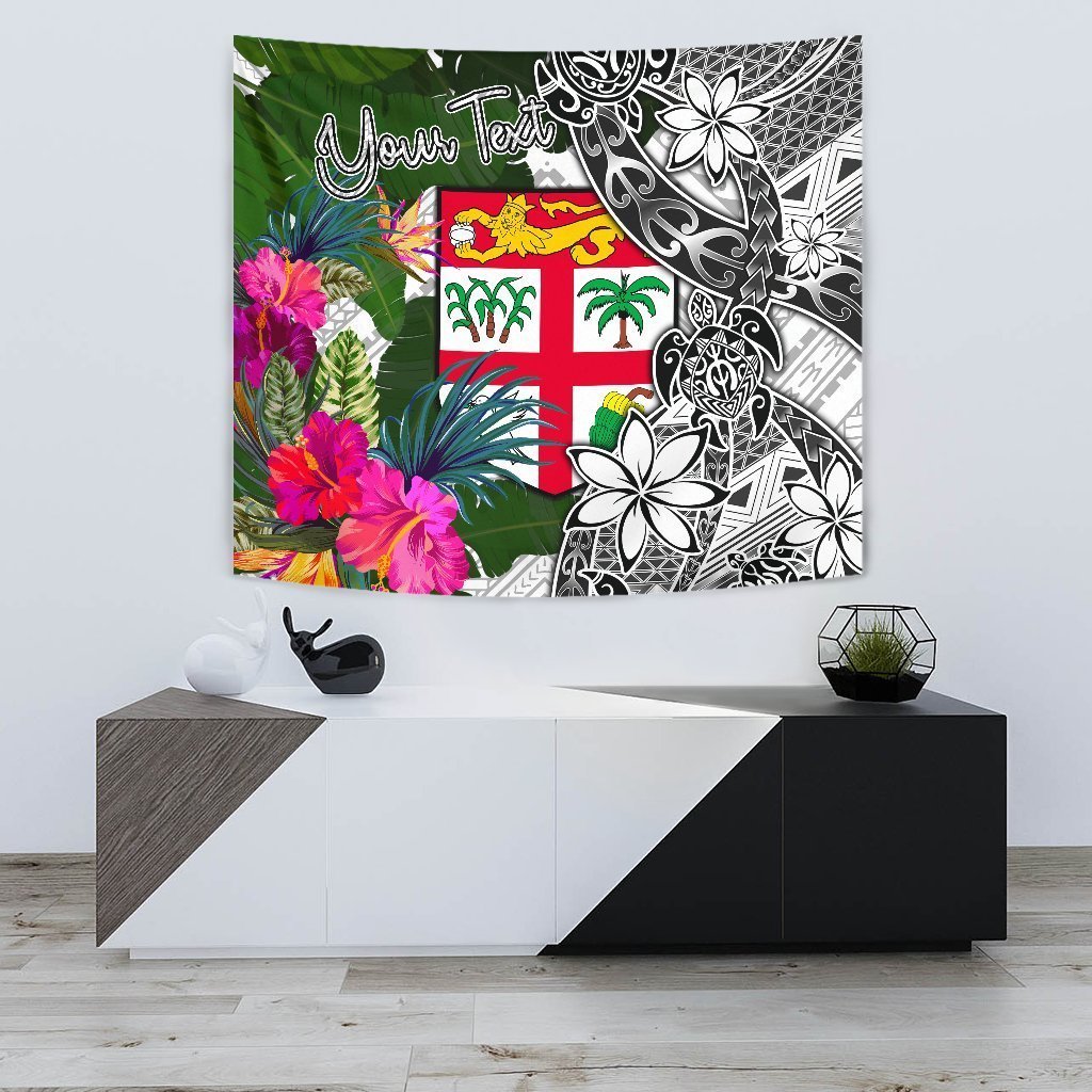 Fiji Custom Personalised Tapestry White - Turtle Plumeria Banana Leaf - Vibe Hoodie Shop