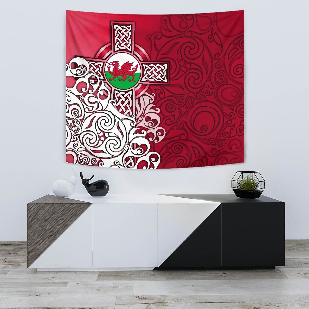 Wales Celtic Tapestry - Welsh Dragon Flag with Celtic Cross - Vibe Hoodie Shop