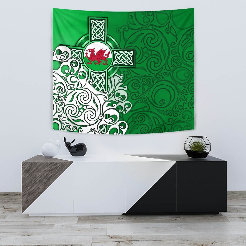 Wales Celtic Tapestry - Welsh Dragon Flag with Celtic Cross (Green) - Vibe Hoodie Shop