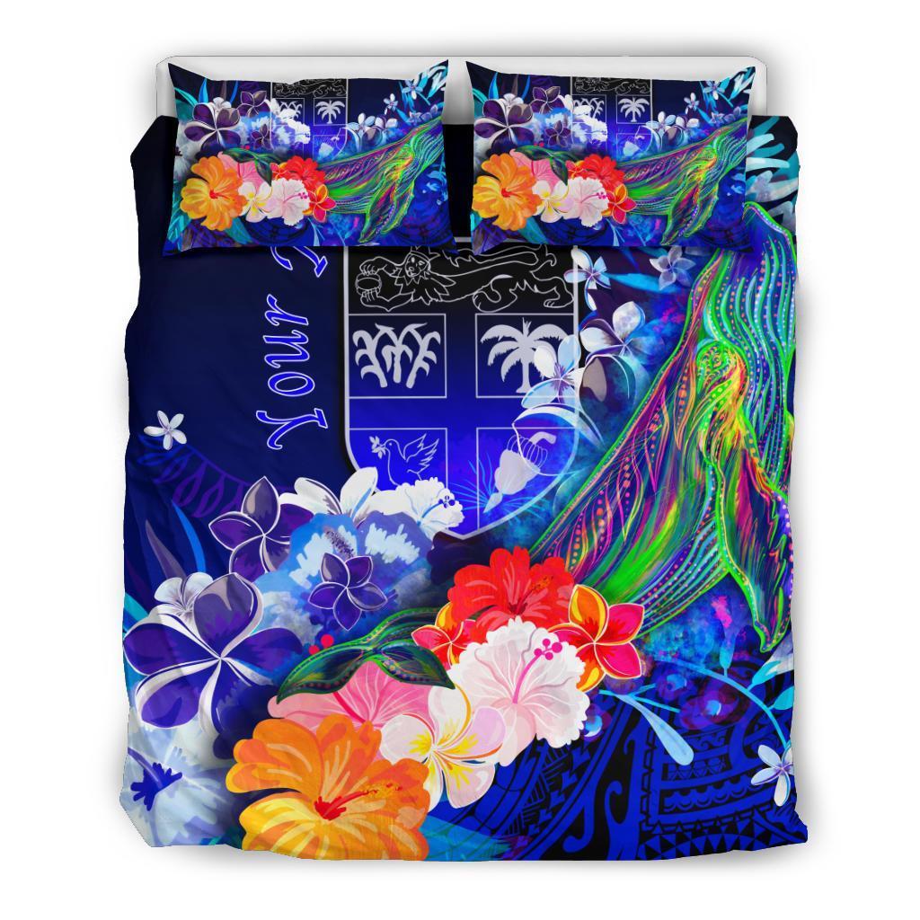 Fiji Custom Personalised Bedding Set - Humpback Whale with Tropical Flowers (Blue) - Vibe Hoodie Shop