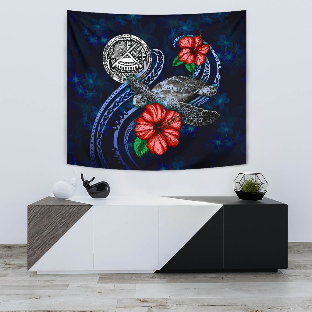 American Samoa Polynesian Tapestry - Blue Turtle Hibiscus - Vibe Hoodie Shop