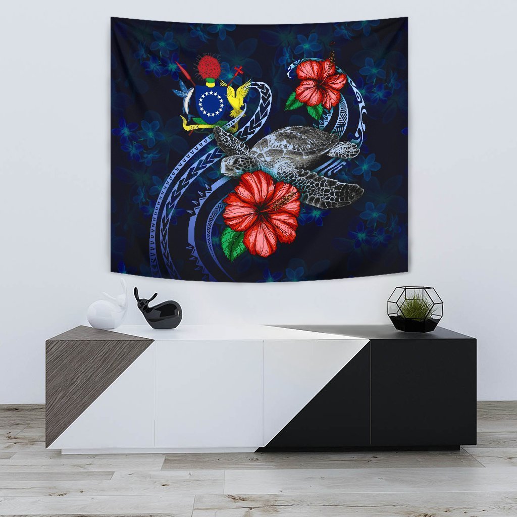 Cook Islands Polynesian Tapestry - Blue Turtle Hibiscus - Vibe Hoodie Shop