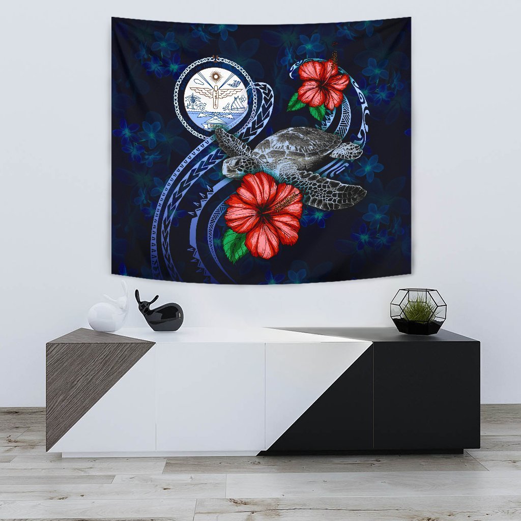 Marshall Islands Polynesian Tapestry - Blue Turtle Hibiscus - Vibe Hoodie Shop