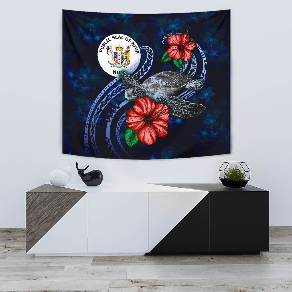 Niue Polynesian Tapestry - Blue Turtle Hibiscus - Vibe Hoodie Shop