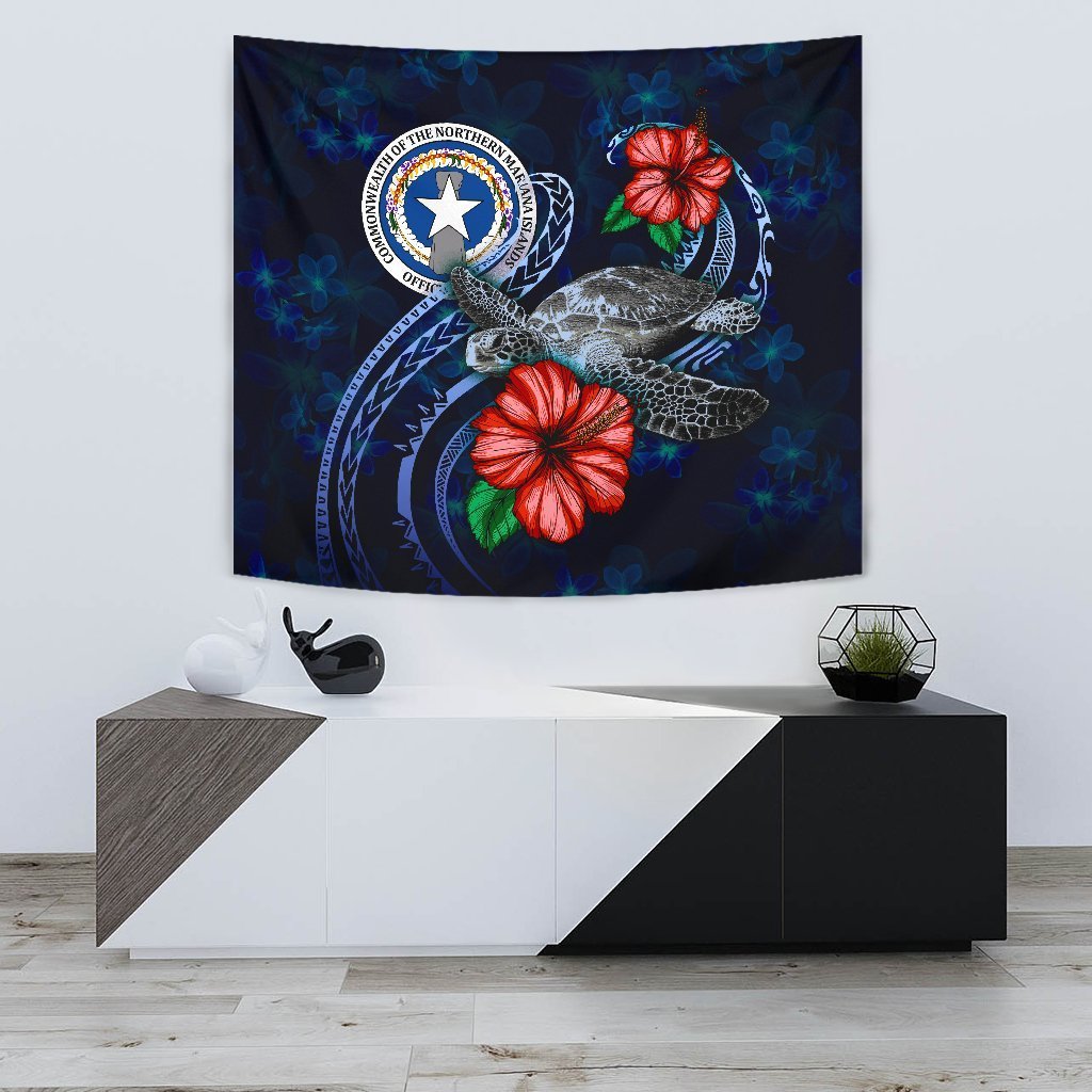 Northern Mariana Islands Polynesian Tapestry - Blue Turtle Hibiscus - Vibe Hoodie Shop