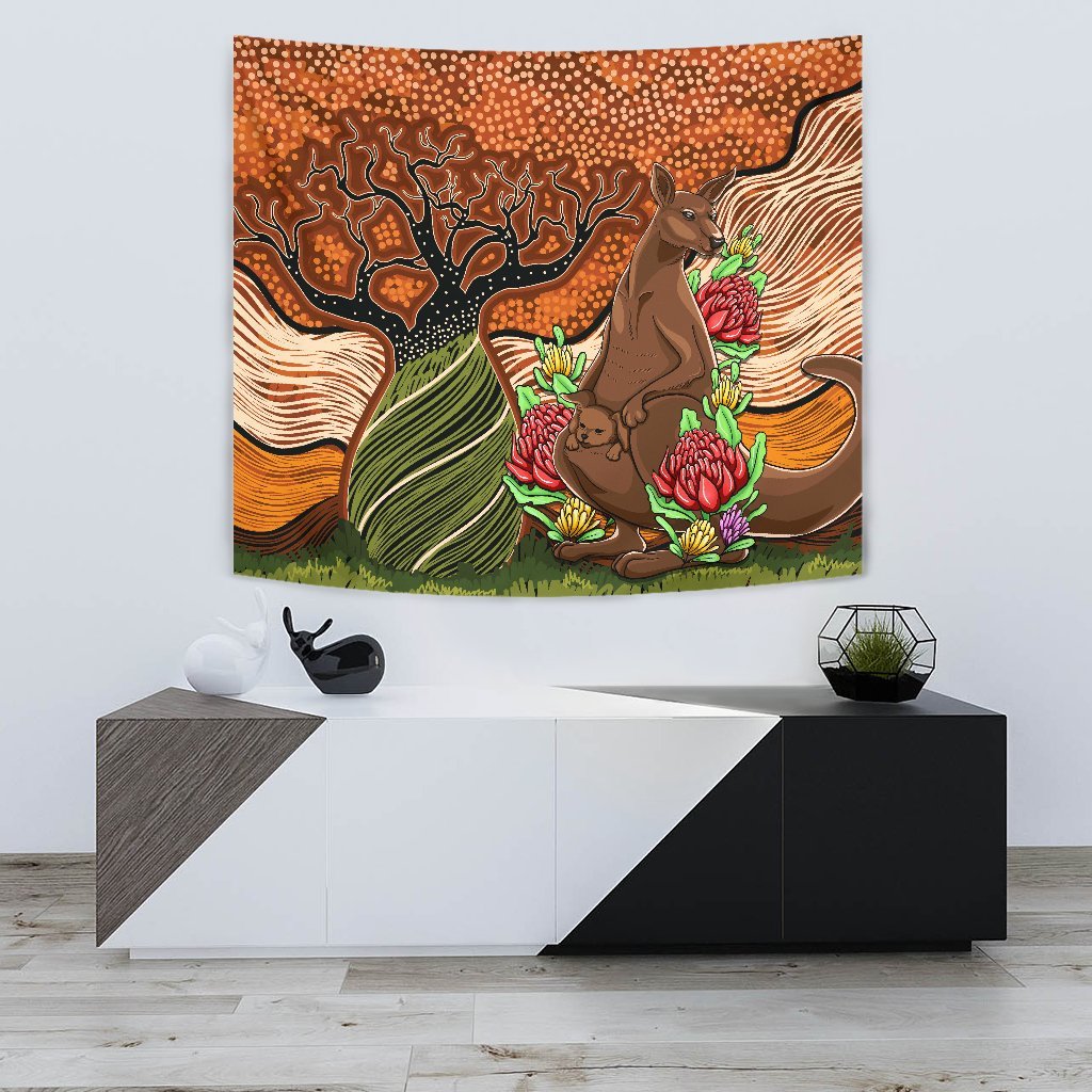 Aboriginal Tapestry - Kangaroo With Indigenous Tree - Vibe Hoodie Shop