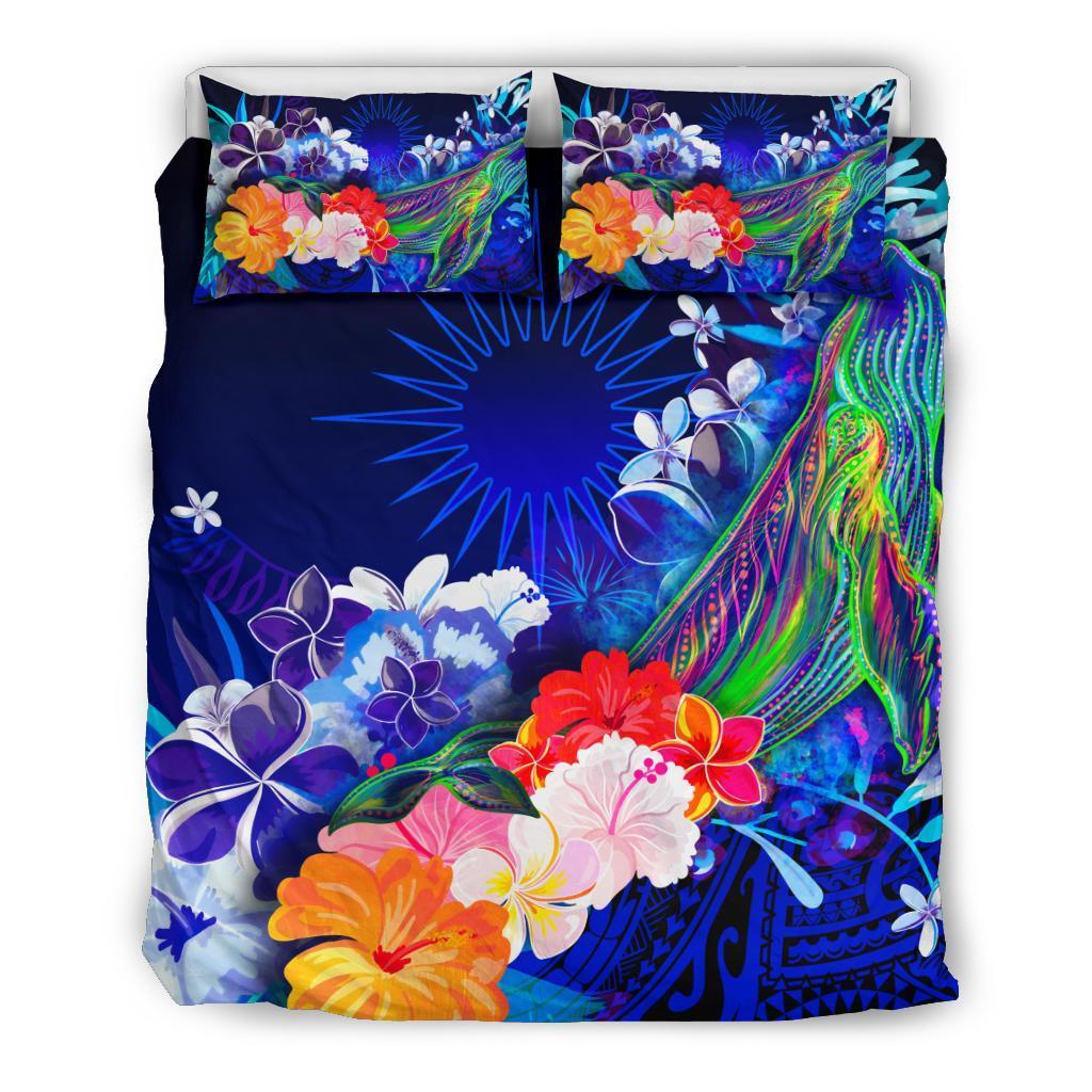 Marshall Islands Bedding Set - Humpback Whale with Tropical Flowers (Blue) - Vibe Hoodie Shop