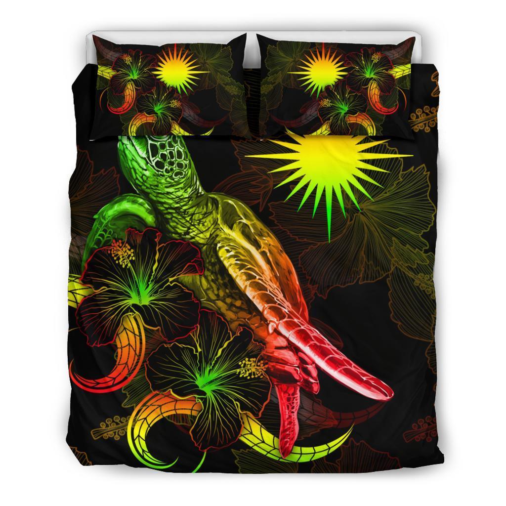 Marshall Islands Polynesian Bedding Set - Turtle With Blooming Hibiscus Reggae - Vibe Hoodie Shop