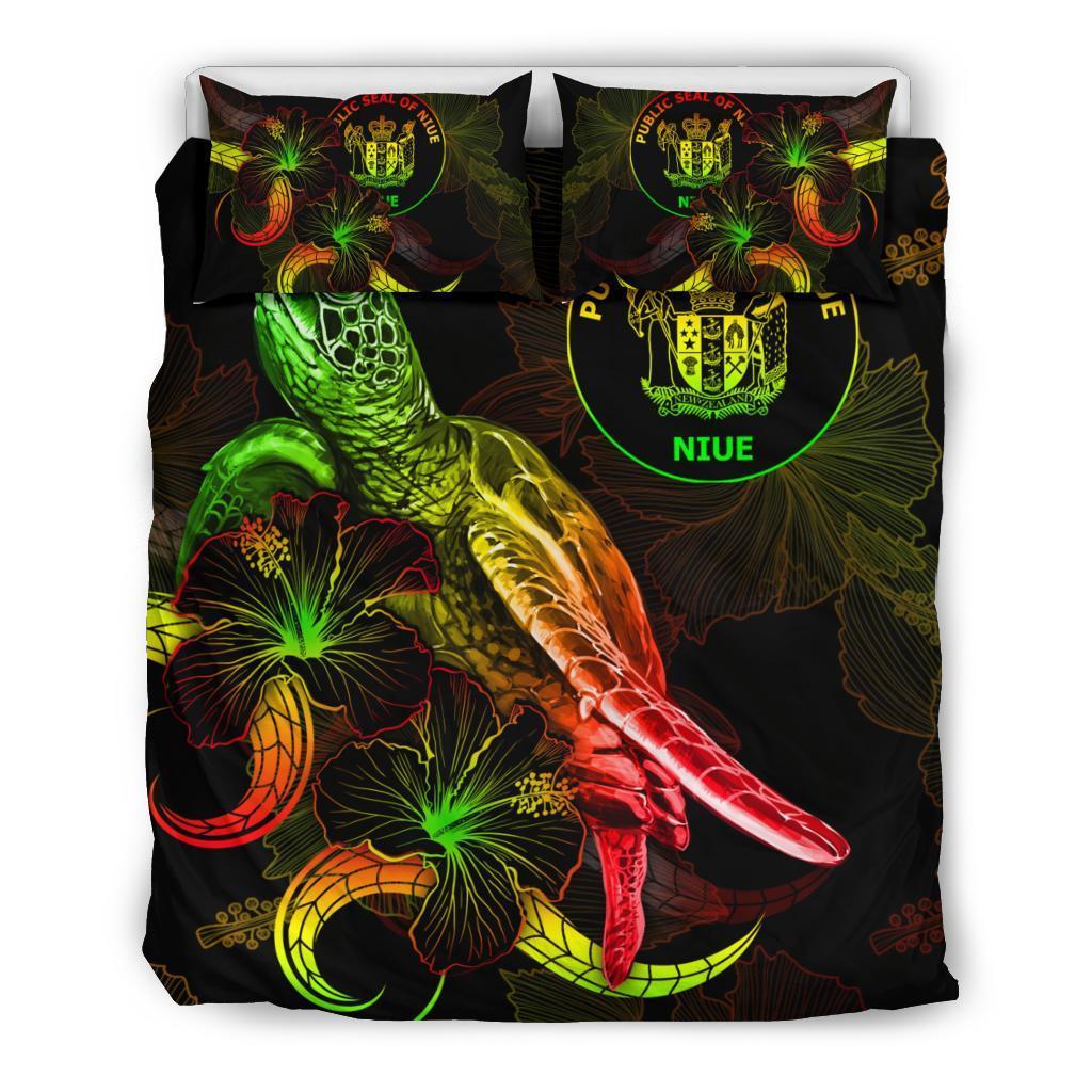 Niue Polynesian Bedding Set - Turtle With Blooming Hibiscus Reggae - Vibe Hoodie Shop