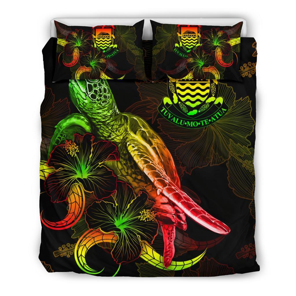 Tuvalu Polynesian Bedding Set - Turtle With Blooming Hibiscus Reggae - Vibe Hoodie Shop