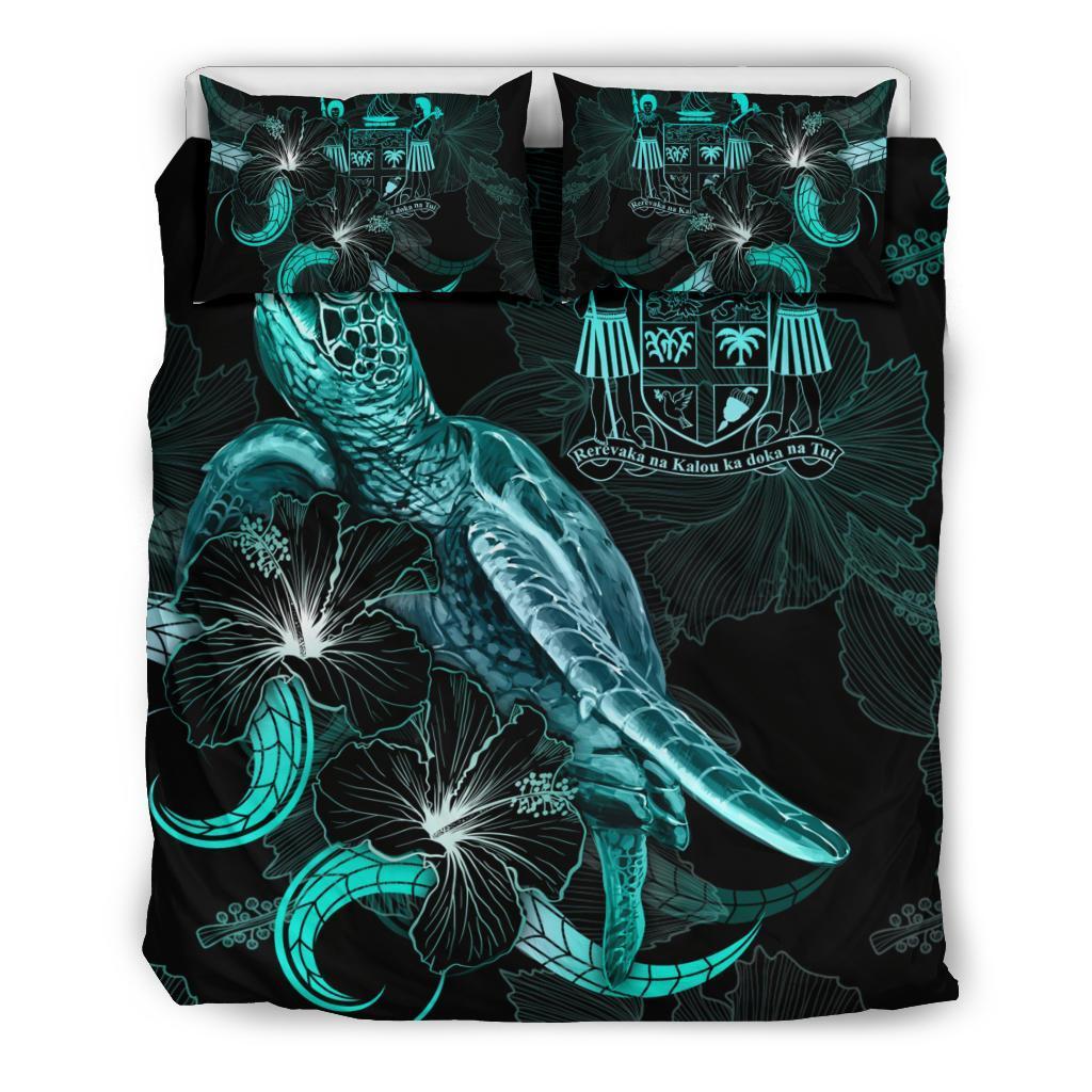 Fiji Polynesian Bedding Set - Turtle With Blooming Hibiscus Turquoise - Vibe Hoodie Shop