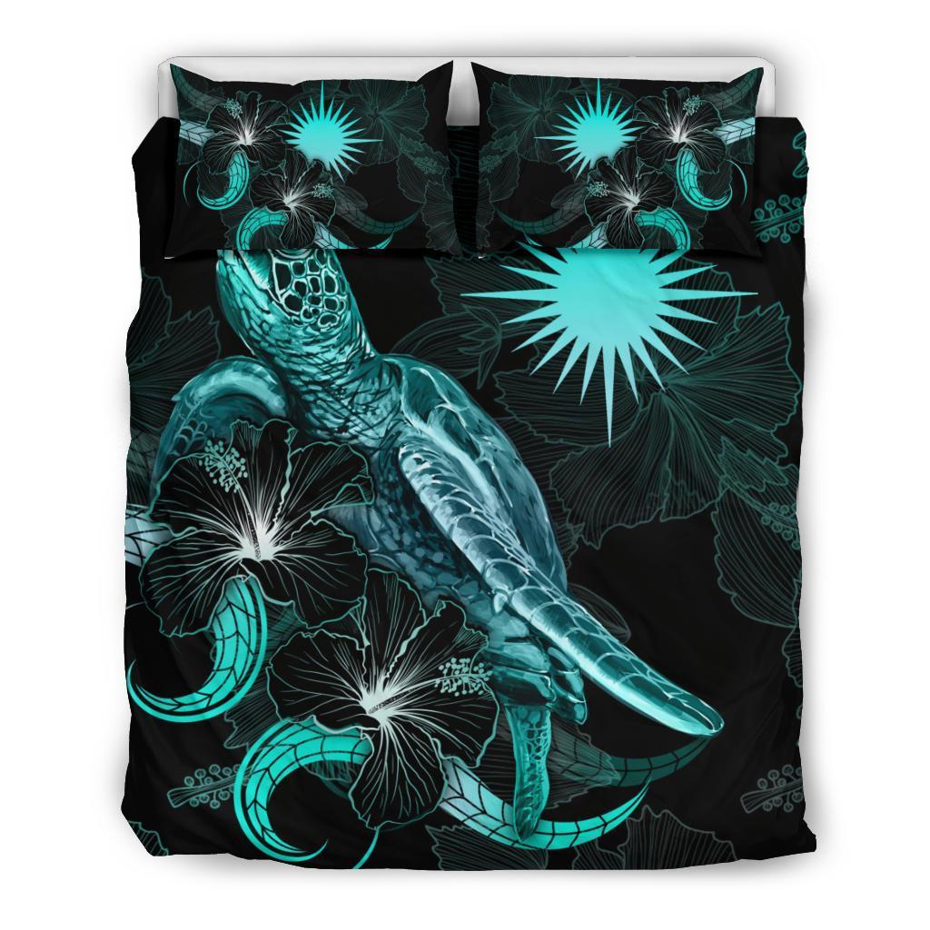 Marshall Islands Polynesian Bedding Set - Turtle With Blooming Hibiscus Turquoise - Vibe Hoodie Shop