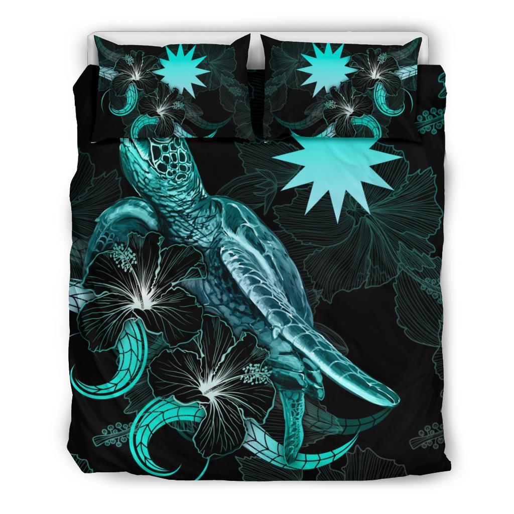Nauru Polynesian Bedding Set - Turtle With Blooming Hibiscus Turquoise - Vibe Hoodie Shop