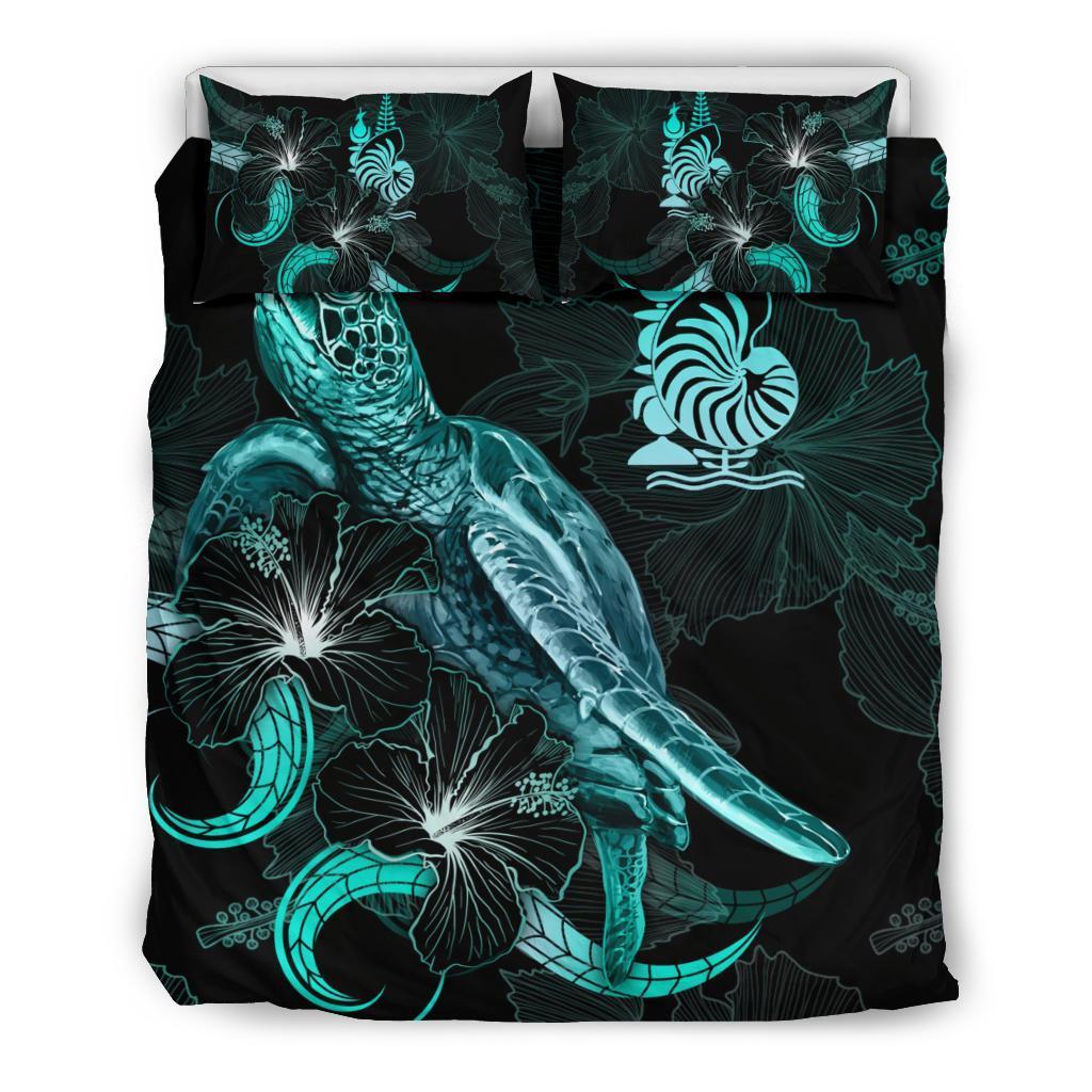 New Caledonia Polynesian Bedding Set - Turtle With Blooming Hibiscus Turquoise - Vibe Hoodie Shop