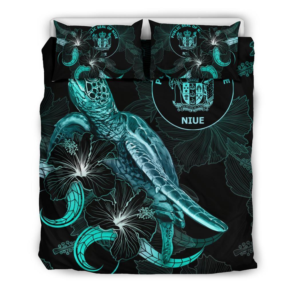 Niue Polynesian Bedding Set - Turtle With Blooming Hibiscus Turquoise - Vibe Hoodie Shop